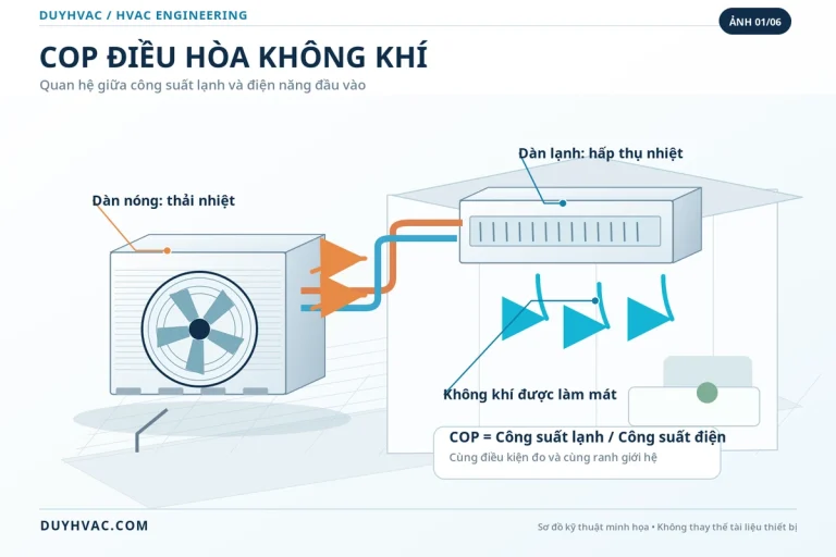 Sơ đồ COP của hệ điều hòa DX với dàn lạnh hấp thụ nhiệt, dàn nóng thải nhiệt và điện năng đầu vào
