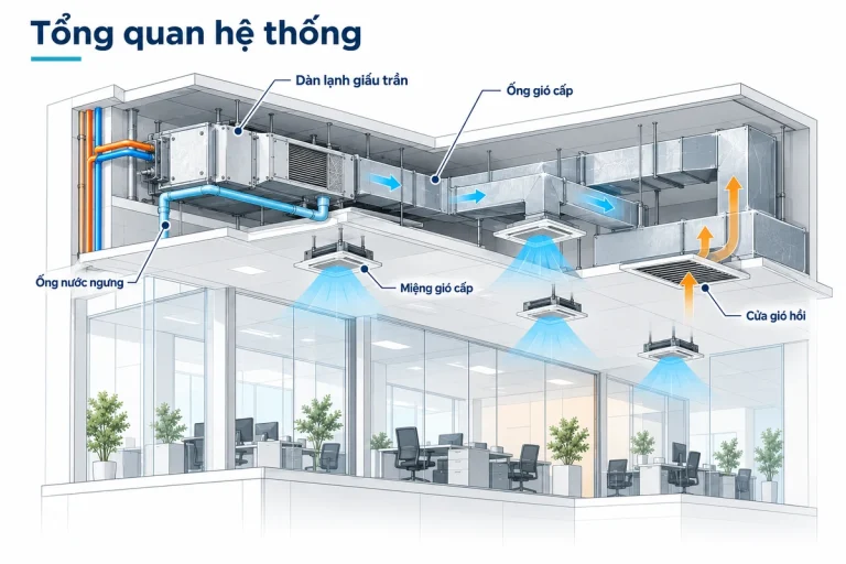Phối cảnh hệ thống điều hòa giấu trần nối ống gió trong văn phòng với dàn lạnh, ống gió cấp hồi và ống nước ngưng