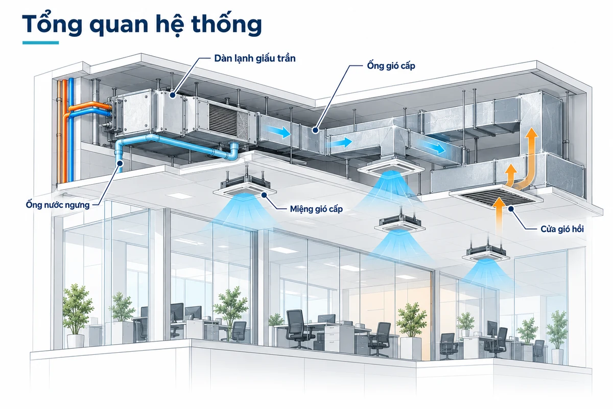 Phối cảnh hệ thống điều hòa giấu trần nối ống gió trong văn phòng với dàn lạnh, ống gió cấp hồi và ống nước ngưng