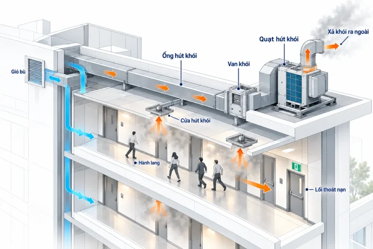 Phối cảnh nguyên lý hút khói hành lang với miệng thu khói, van khói, ống dẫn, quạt hút và tuyến xả ngoài công trình