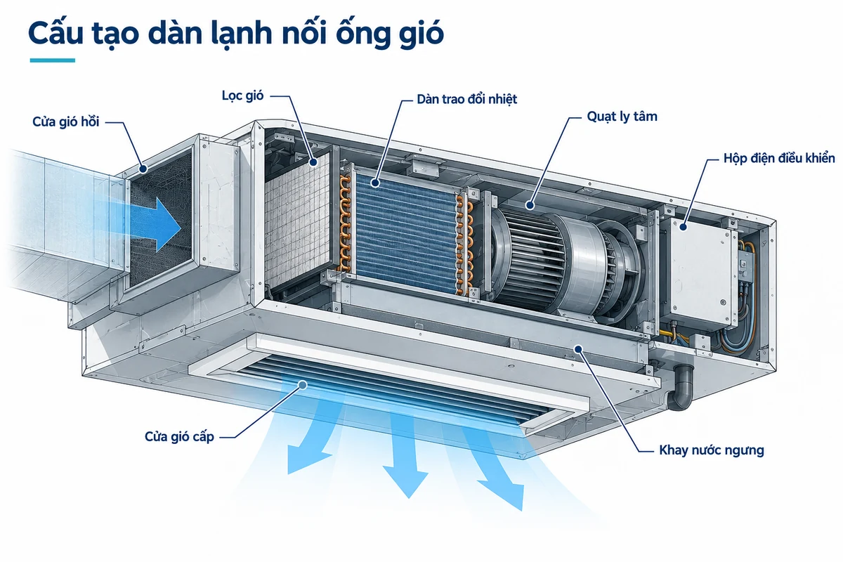Mặt cắt dàn lạnh nối ống gió cho thấy bộ lọc khí, coil, quạt ly tâm, khay nước ngưng và hộp điện điều khiển