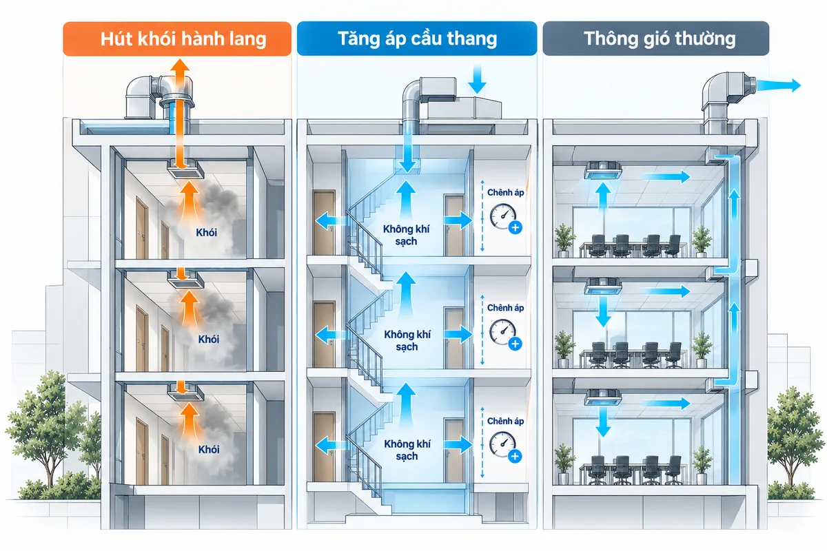 Minh họa chức năng hút khói hành lang, tăng áp buồng thang và hệ thống thông gió thông thường