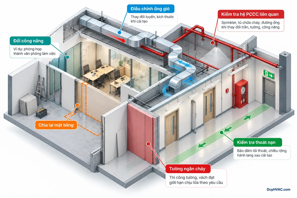 Cải tạo công trình và các hạng mục HVAC/PCCC cần rà soát Phối cảnh cải tạo mặt bằng có thay đổi phòng, đường ống gió, tường ngăn cháy, sprinkler và lối thoát nạn
