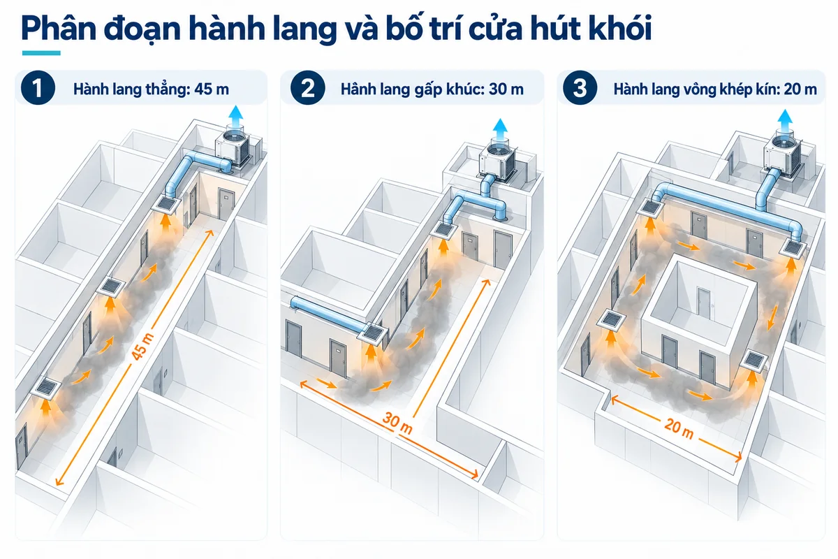 Ba dạng hành lang thẳng, gấp khúc và vòng kín với giới hạn chiều dài bố trí cửa thu khói 45, 30 và 20 mét
