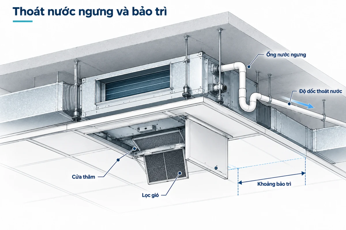 Sơ đồ dàn lạnh giấu trần với đường thoát nước ngưng có độ dốc, cửa thăm, lọc gió tháo được và khoảng bảo trì