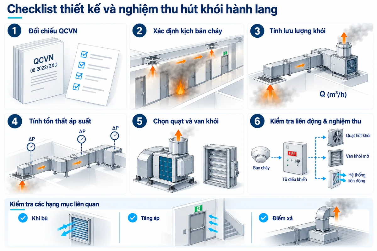 Checklist sáu nhóm công việc thiết kế, tính toán, chọn quạt, thử liên động và nghiệm thu hệ hút khói hành lang