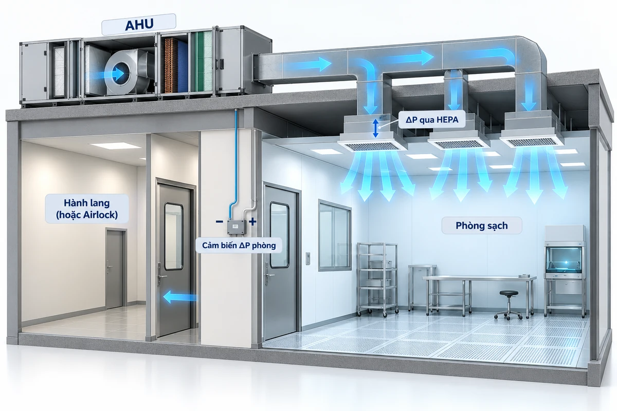Mặt cắt hệ thống AHU, đường ống gió, các đầu lọc HEPA và cảm biến đo chênh áp giữa phòng sạch với hành lang