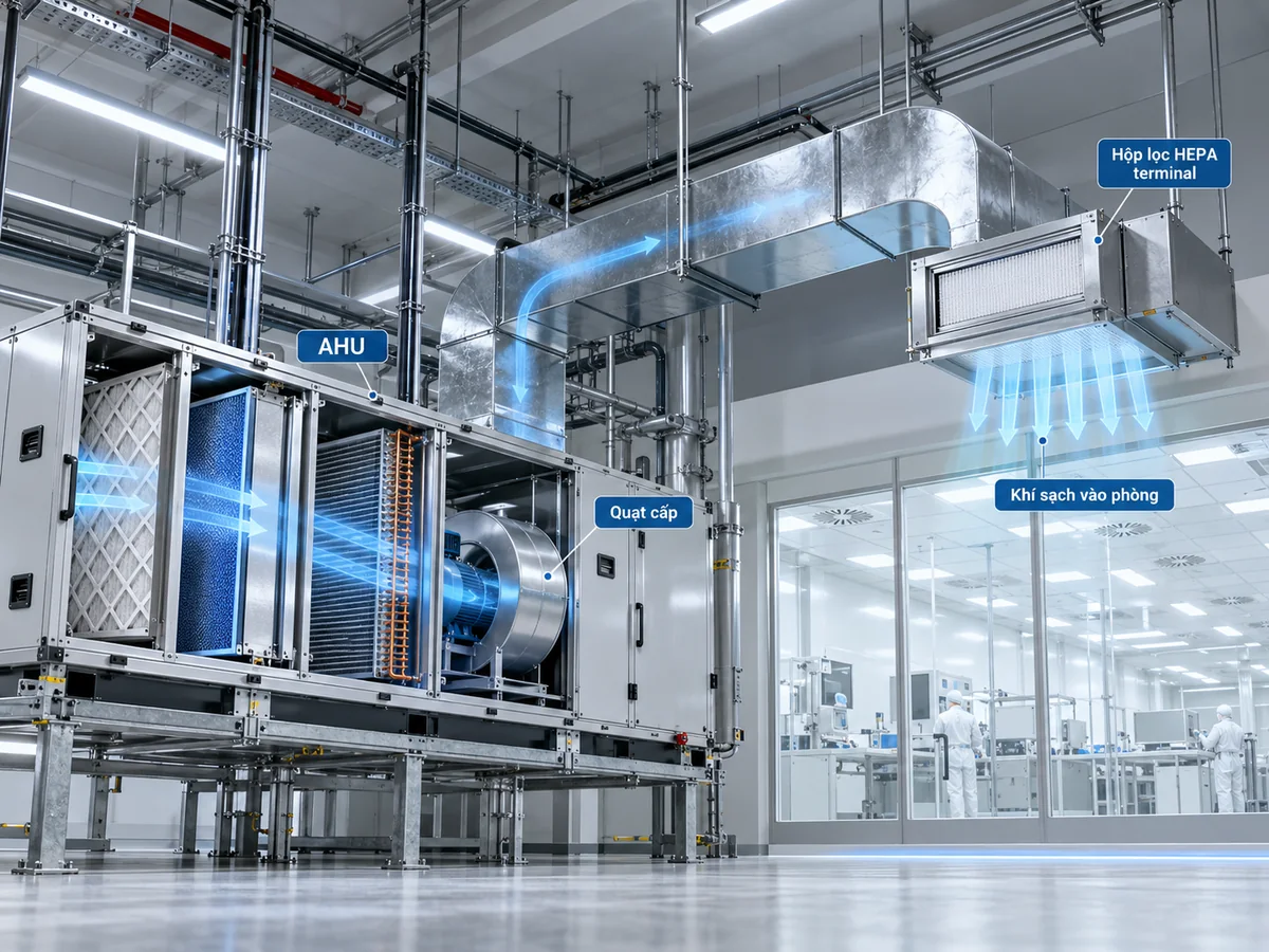 Phối cảnh CGI hệ thống AHU với lọc sơ bộ, coil, quạt và mạng ống gió đưa không khí tới hộp HEPA đầu cuối trên trần phòng sạch