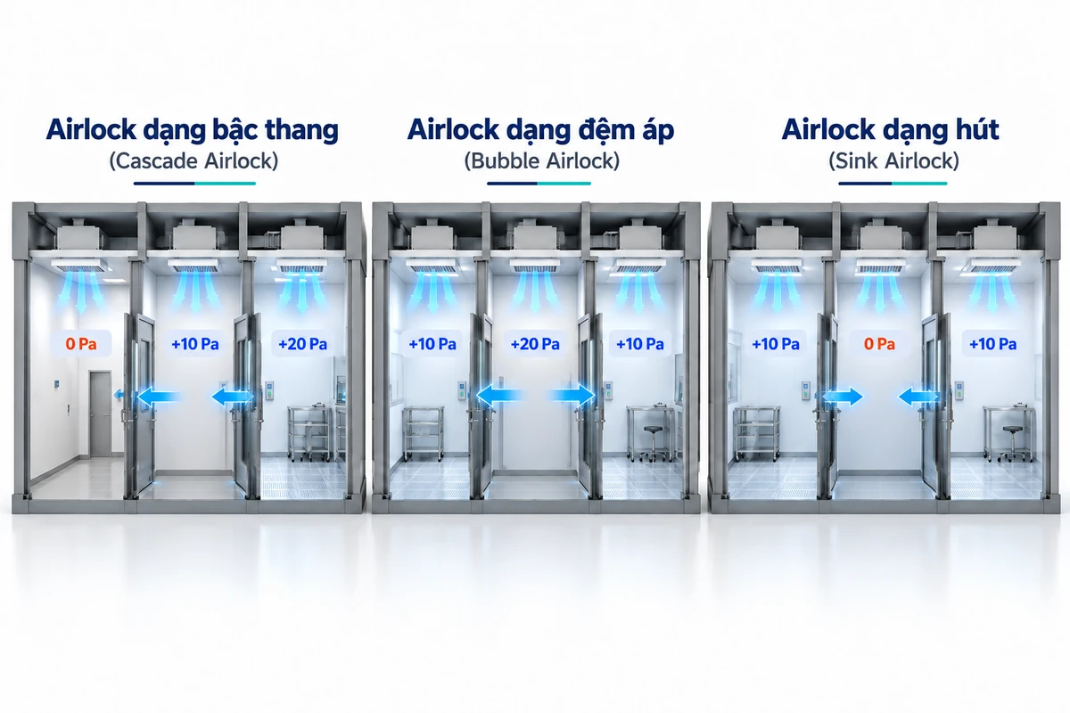 Ba mô hình phòng đệm áp suất: Cascade Airlock, Bubble Airlock và Sink Airlock với mức áp minh họa 0, 10 và 20 Pa