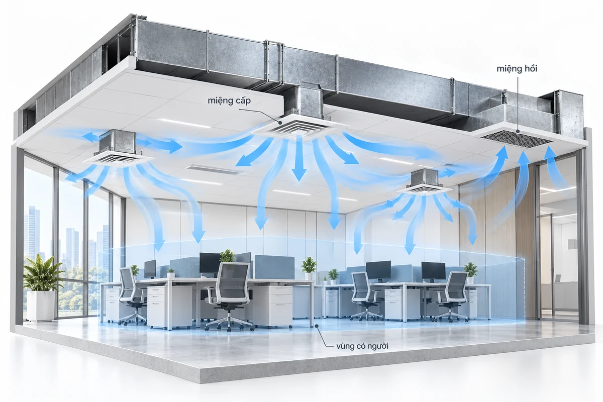 Bố trí miệng cấp, hồi và vùng có người trong văn phòng Mặt cắt 3D văn phòng với diffuser cấp trên trần, grille hồi riêng và các dải khí minh họa vùng người ngồi