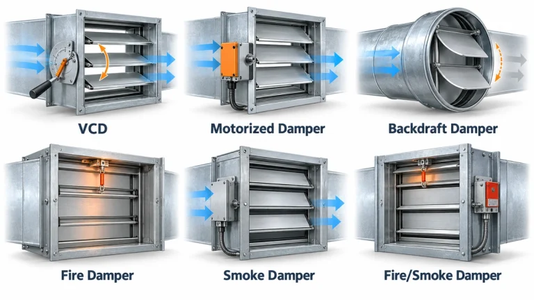 Các loại van gió HVAC gồm VCD, motorized damper, backdraft damper, fire damper, smoke damper và fire smoke damper