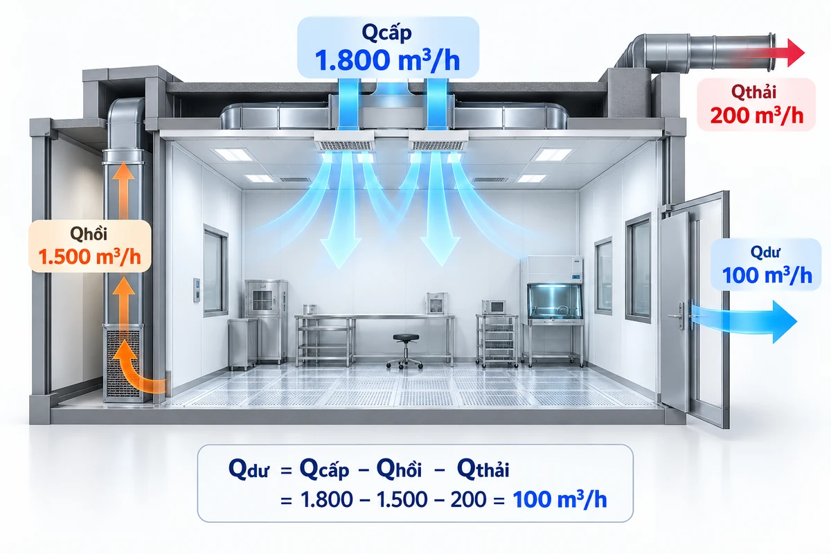 Phối cảnh phòng sạch với gió cấp 1800 m3/h, gió hồi 1500 m3/h, gió thải 200 m3/h và gió dư 100 m3/h