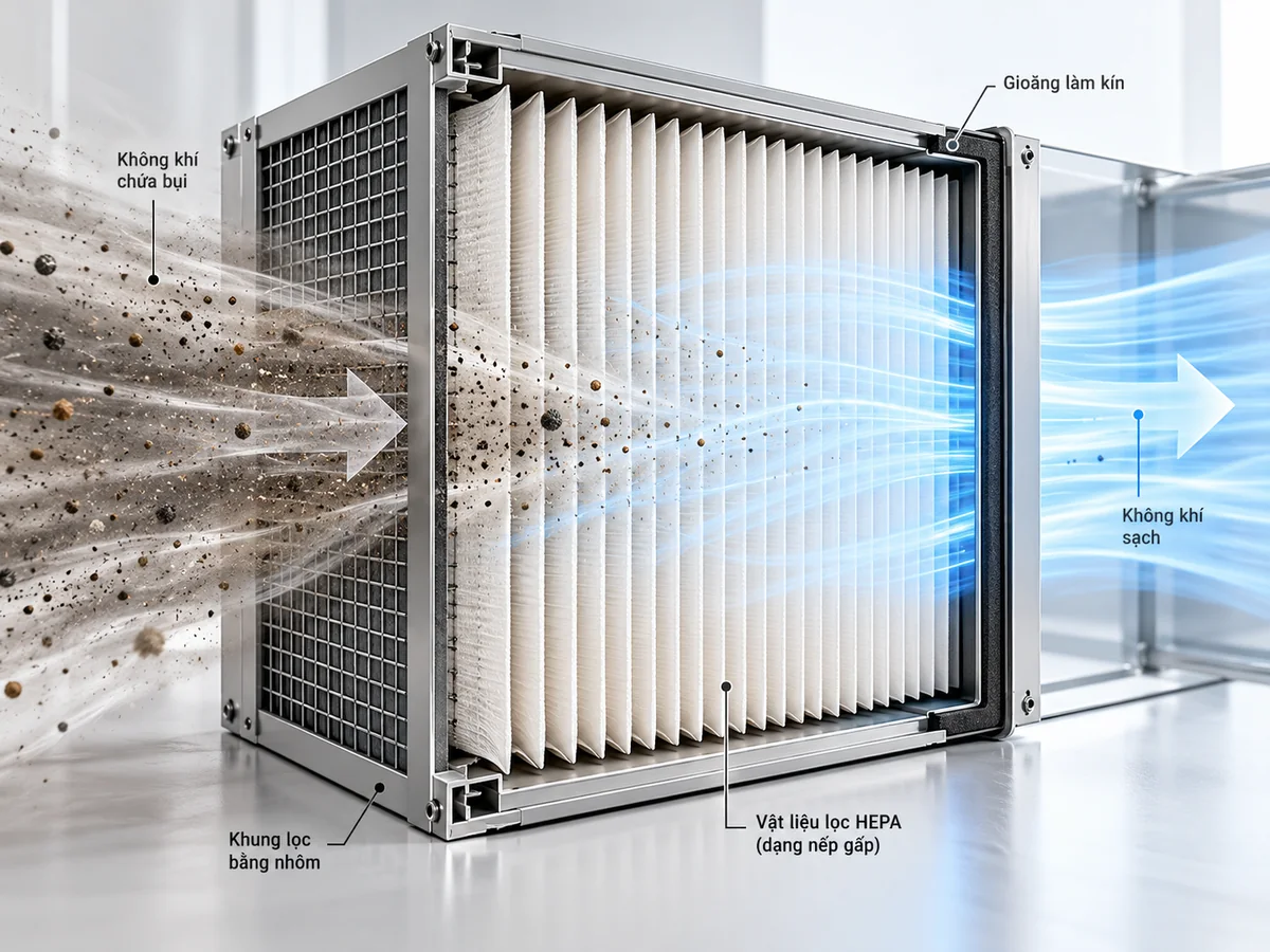 Phối cảnh CGI cắt lớp bộ lọc HEPA cho thấy khung kim loại, vật liệu sợi gấp nếp và gioăng làm kín cùng hướng khí từ phía bụi sang phía khí sạch