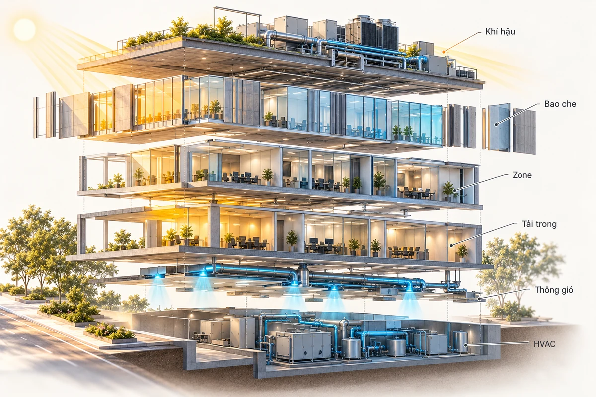 Mô hình exploded axonometric của công trình với các lớp bao che, zone, thông gió và hệ HVAC tách lớp để giải thích dữ liệu đầu vào