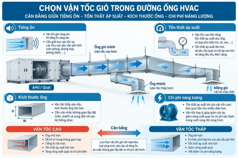 Minh họa các yếu tố cần cân bằng khi chọn vận tốc gió trong đường ống HVAC