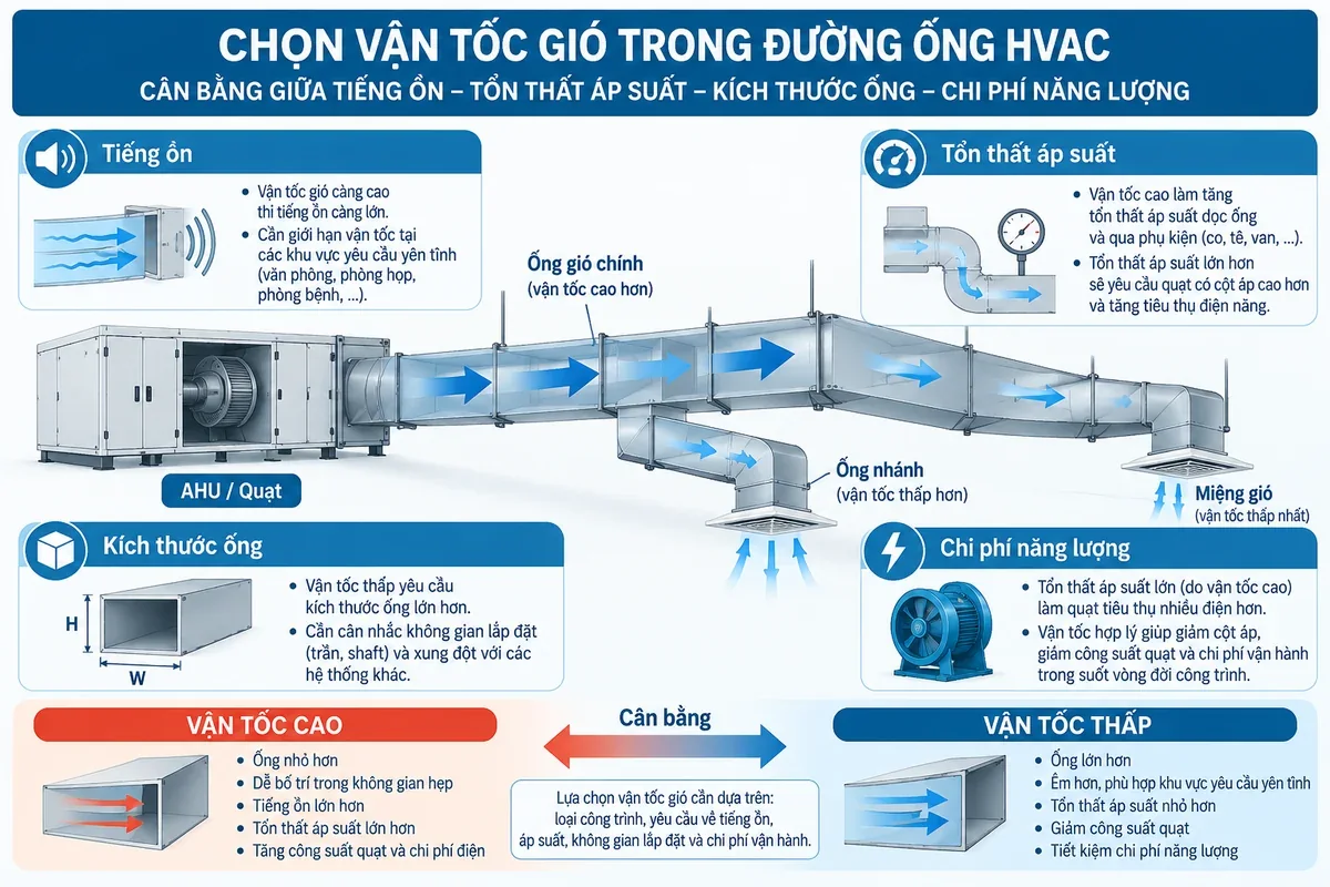 Minh họa các yếu tố cần cân bằng khi chọn vận tốc gió trong đường ống HVAC
