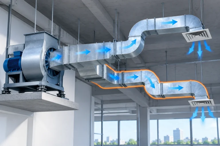 Quạt ly tâm cấp gió vào hai nhánh ống HVAC với một tuyến nhiều co được đánh dấu