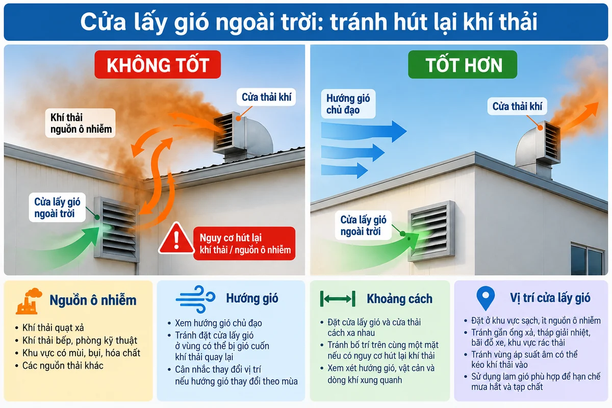 Minh họa bố trí cửa lấy gió ngoài trời để giảm nguy cơ hút lại khí thải