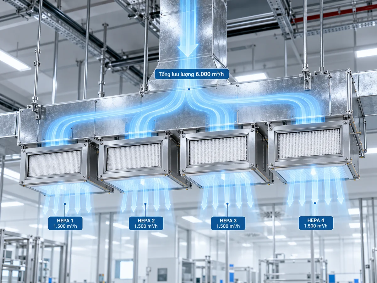 Cảnh CGI cụm bốn hộp lọc HEPA lắp song song vào plenum trần với tổng lưu lượng 6.000 m³/h và lưu lượng thiết kế giả định 1.500 m³/h mỗi lọc