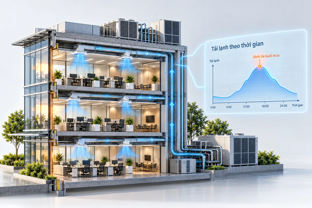 Mô hình 3D tòa nhà được điều hòa, bên cạnh là đường cong tải lạnh theo thời gian trong ngày với đỉnh tải làm nổi bật bằng màu cam