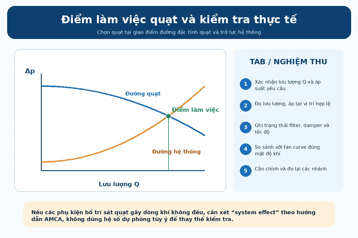 Đồ thị đường đặc tính quạt và đường trở lực hệ thống cùng quy trình kiểm tra TAB