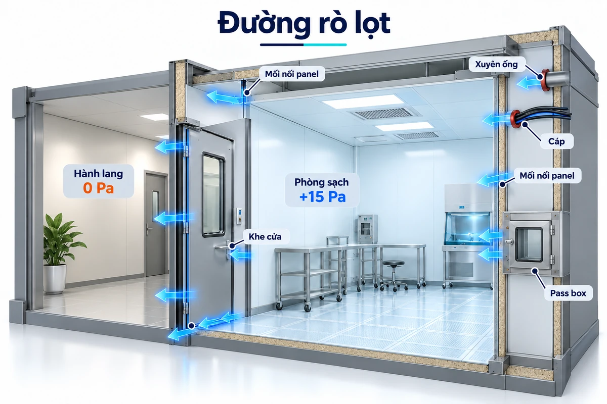 Mặt cắt phòng sạch cho thấy những đường rò lọt qua khe cửa, mối nối panel, vị trí xuyên ống và pass box