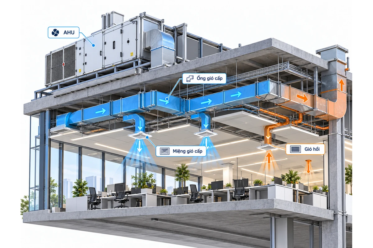 Mặt cắt phối cảnh 3D hệ AHU nối tới đường ống cấp màu xanh, đường hồi màu cam và các miệng gió trần trong văn phòng