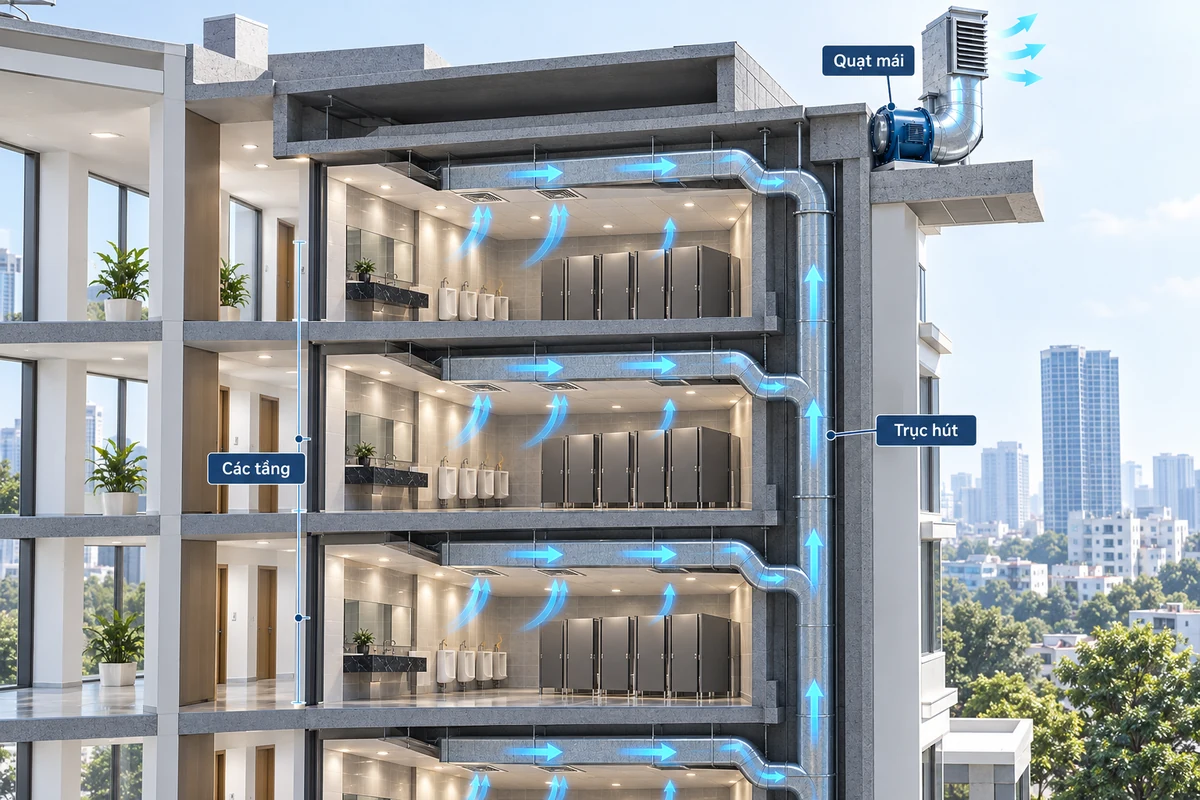 Hệ thống hút nhà vệ sinh tập trung nhiều tầng Sơ đồ 3D hệ thống hút nhà vệ sinh của các tầng một công trình với ống hút nhánh, trục đứng và quạt hút trên mái