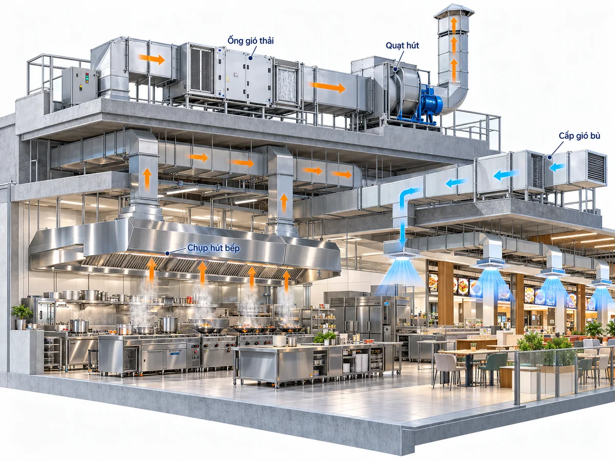 Phối cảnh 3D cắt lớp khu bếp thương mại và food court có chụp hút, đường ống hút thải lên mái, quạt hút và đường cấp gió bù màu xanh
