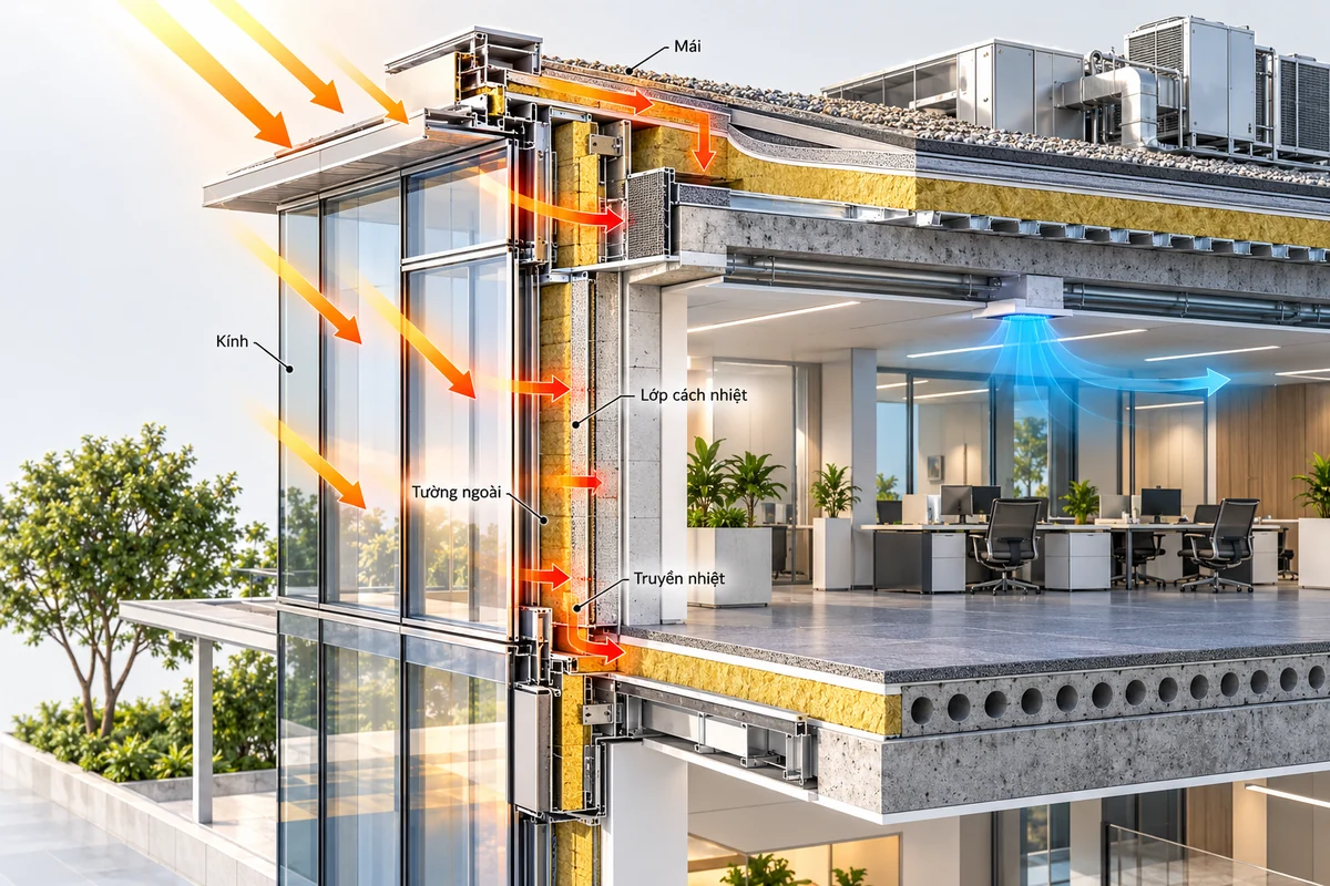 Mặt cắt kỹ thuật 3D phóng lớn mái cách nhiệt, vách kính và tường ngoài của văn phòng với mũi tên bức xạ mặt trời và truyền nhiệt hướng vào bên trong