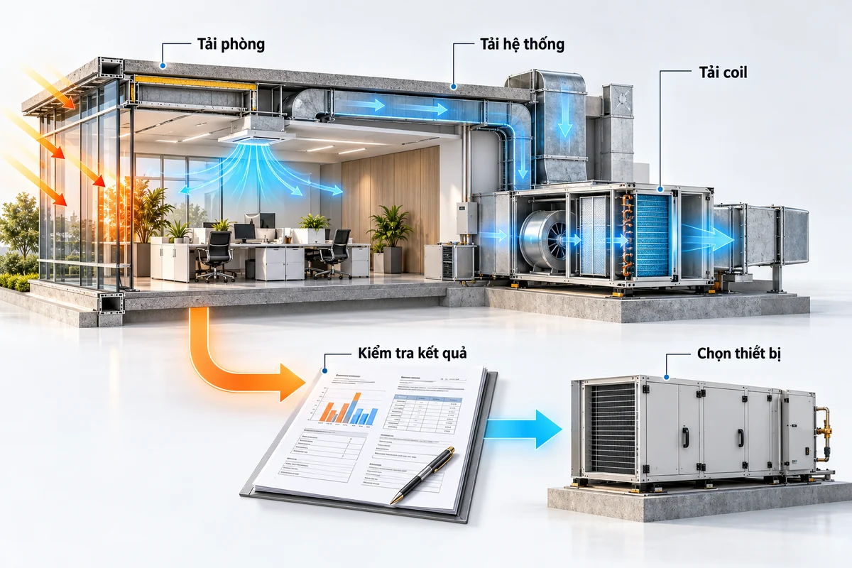 Phối cảnh 3D phòng văn phòng, AHU với coil làm lạnh, tập báo cáo tính tải và một thiết bị HVAC thể hiện chuỗi kiểm tra trước khi chọn máy