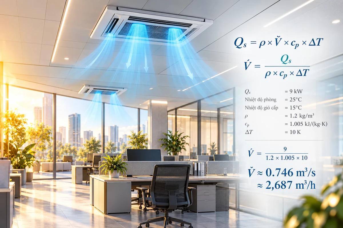 Không gian văn phòng với miệng gió cấp trên trần và công thức tính lưu lượng gió từ tải lạnh cảm được đặt cạnh hình