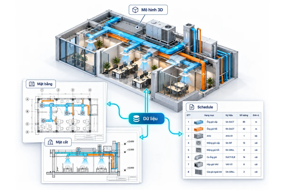 Infographic BIM thể hiện mô hình HVAC 3D cùng bản vẽ mặt bằng, mặt cắt và bảng thống kê thiết bị, ống gió