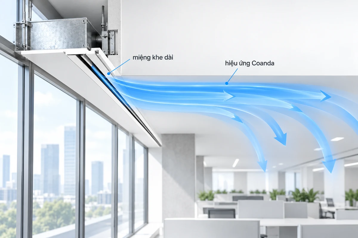 Miệng gió Linear Slot và hiệu ứng Coanda Mặt cắt trần văn phòng với miệng gió khe dài đưa luồng khí đi sát trần minh họa hiệu ứng Coanda