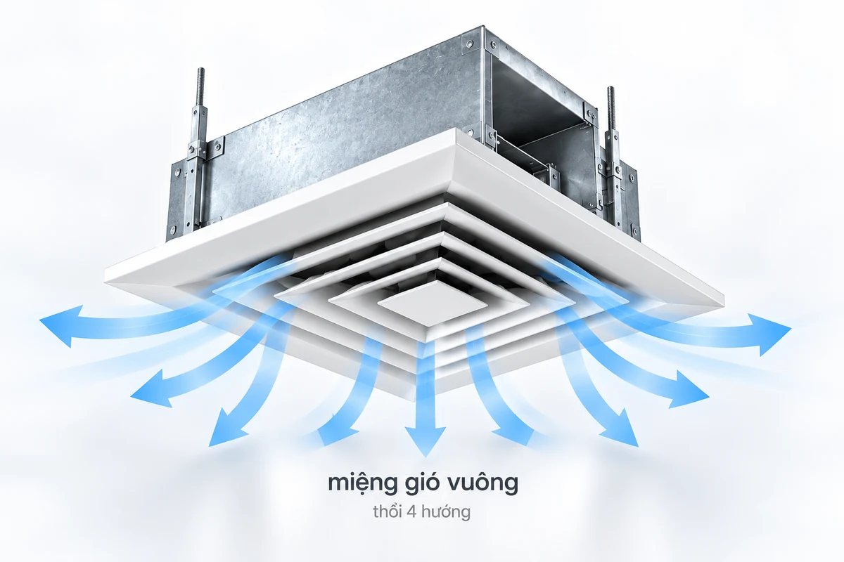 Square Ceiling Diffuser và nguyên lý phân phối gió bốn hướng Phối cảnh 3D miệng gió khuếch tán vuông lắp dưới trần cùng mũi tên thể hiện phân phối gió ra các hướng