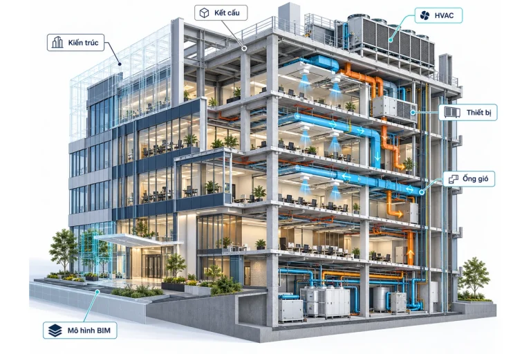 Phối cảnh BIM 3D cắt lớp tòa nhà văn phòng nhiều tầng, thể hiện kiến trúc, kết cấu, thiết bị và mạng ống HVAC
