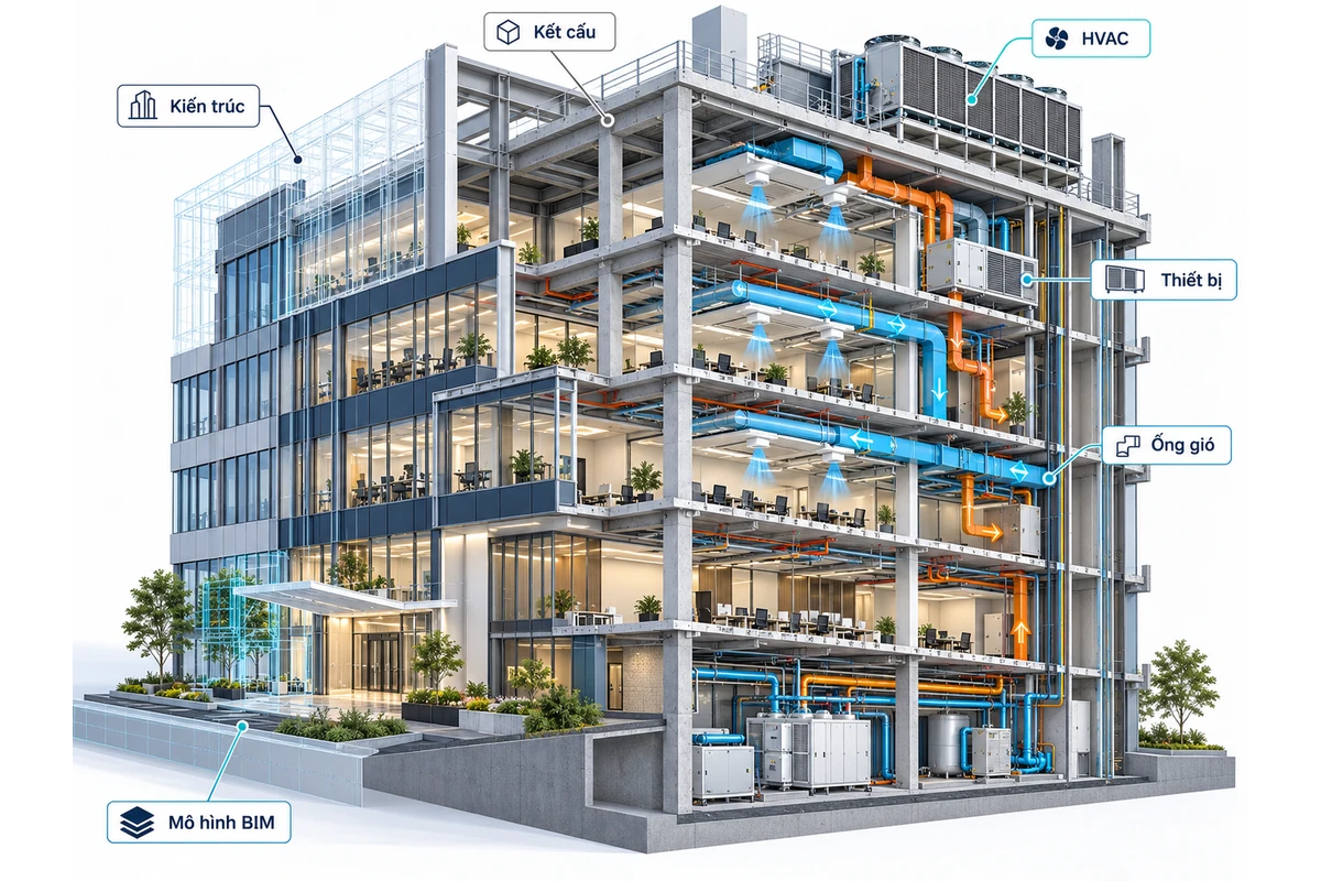 Phối cảnh BIM 3D cắt lớp tòa nhà văn phòng nhiều tầng, thể hiện kiến trúc, kết cấu, thiết bị và mạng ống HVAC