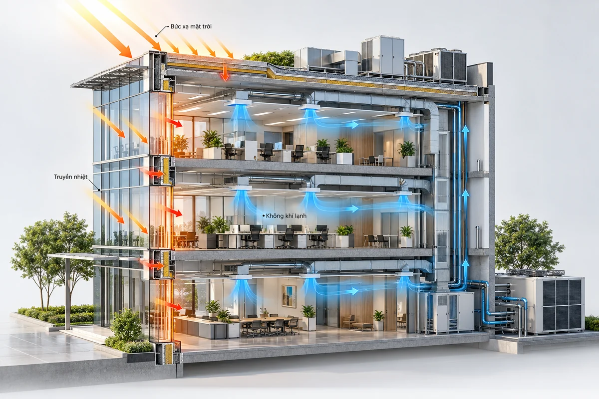 Phối cảnh 3D cắt lớp tòa nhà văn phòng, bức xạ mặt trời màu cam xuyên qua kính và mái, hệ điều hòa cấp gió lạnh màu xanh vào các tầng