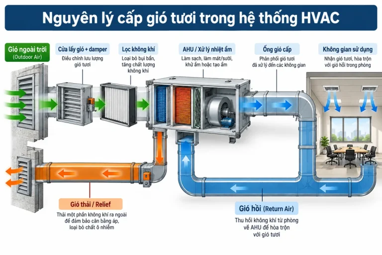 Sơ đồ nguyên lý cấp gió tươi trong hệ thống HVAC từ cửa lấy gió qua AHU đến không gian sử dụng