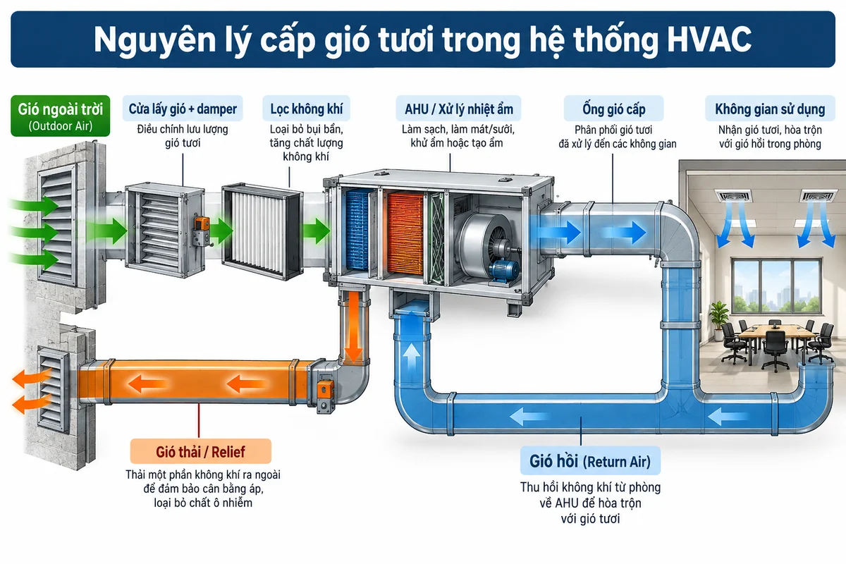 Sơ đồ nguyên lý cấp gió tươi trong hệ thống HVAC từ cửa lấy gió qua AHU đến không gian sử dụng