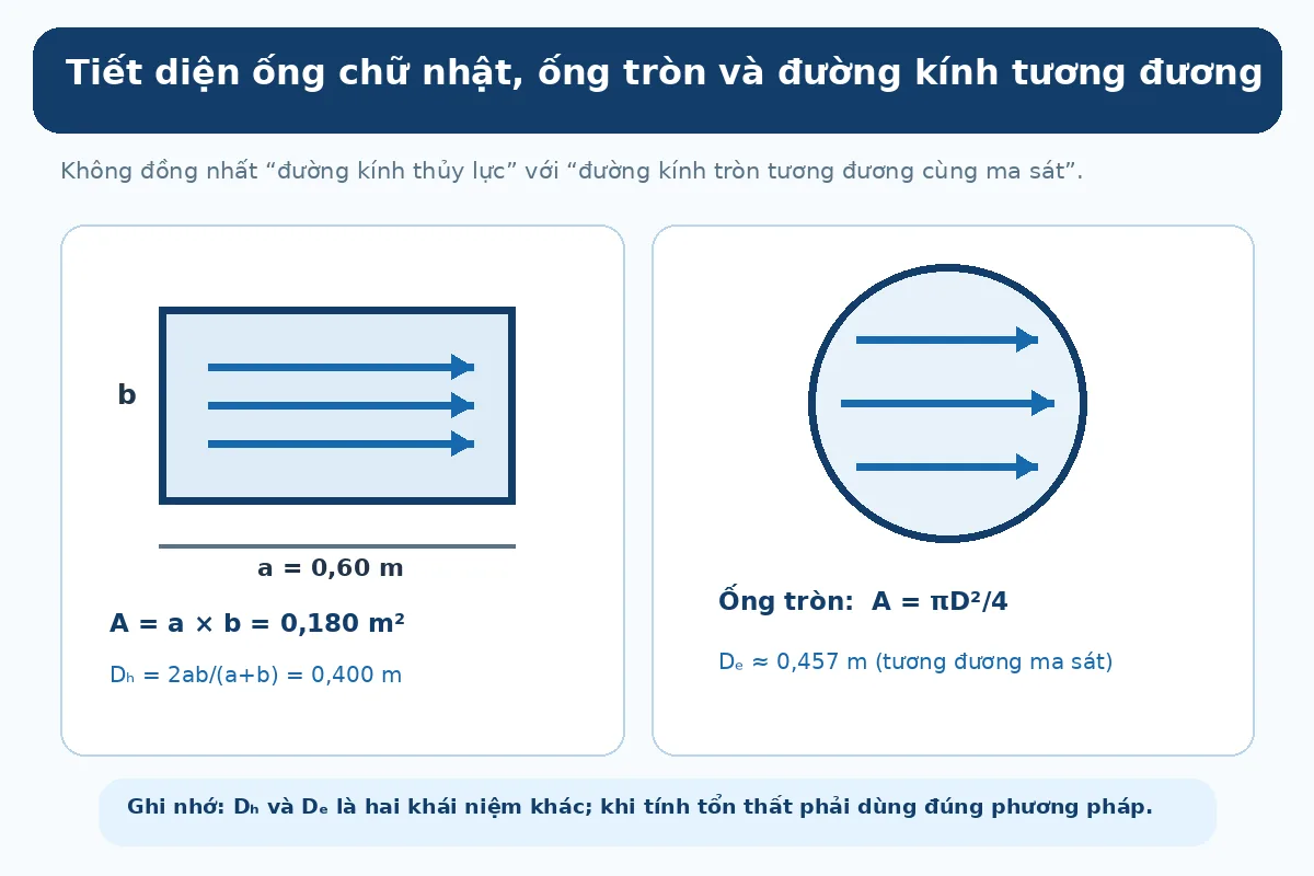 So sánh đường kính thủy lực 400 mm với đường kính tương đương ma sát khoảng 457 mm của ống chữ nhật 600 x 300 mm