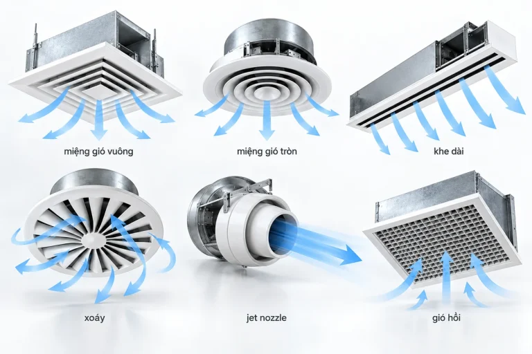 Bộ sáu thiết bị phân phối không khí HVAC thể hiện diffuser vuông, tròn, miệng khe dài, swirl, jet nozzle và miệng gió hồi