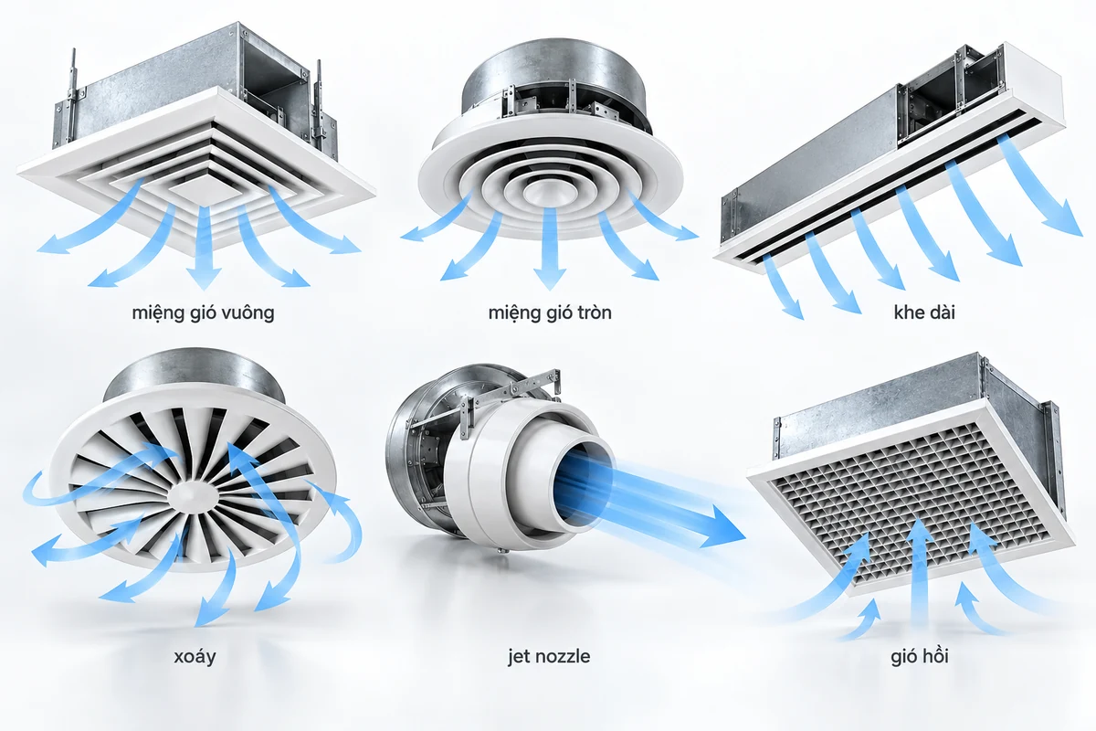 Phân loại các loại miệng gió HVAC và hướng cấp hồi Bộ sáu thiết bị phân phối không khí HVAC thể hiện diffuser vuông, tròn, miệng khe dài, swirl, jet nozzle và miệng gió hồi