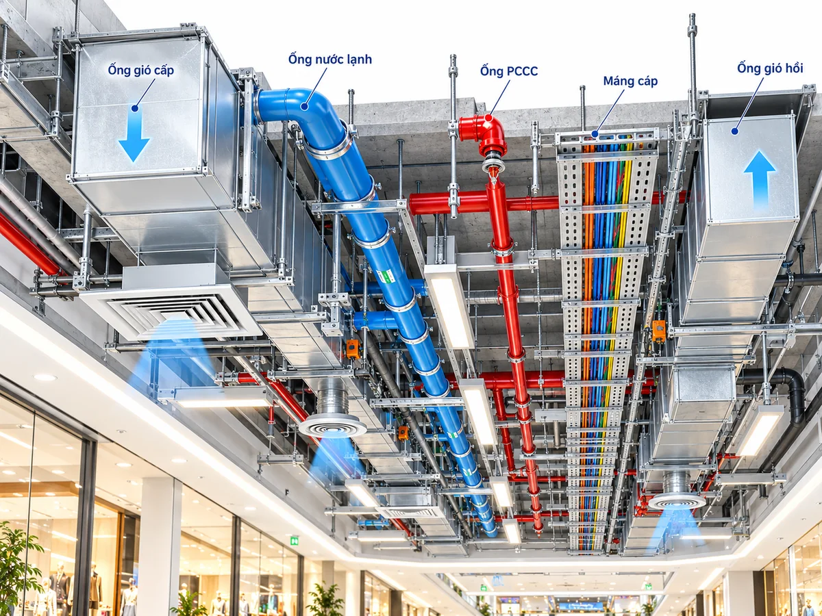 Mặt cắt phối cảnh các đường ống gió cấp hồi, ống nước lạnh, ống PCCC và máng cáp điện phía trên trần khu mua sắm