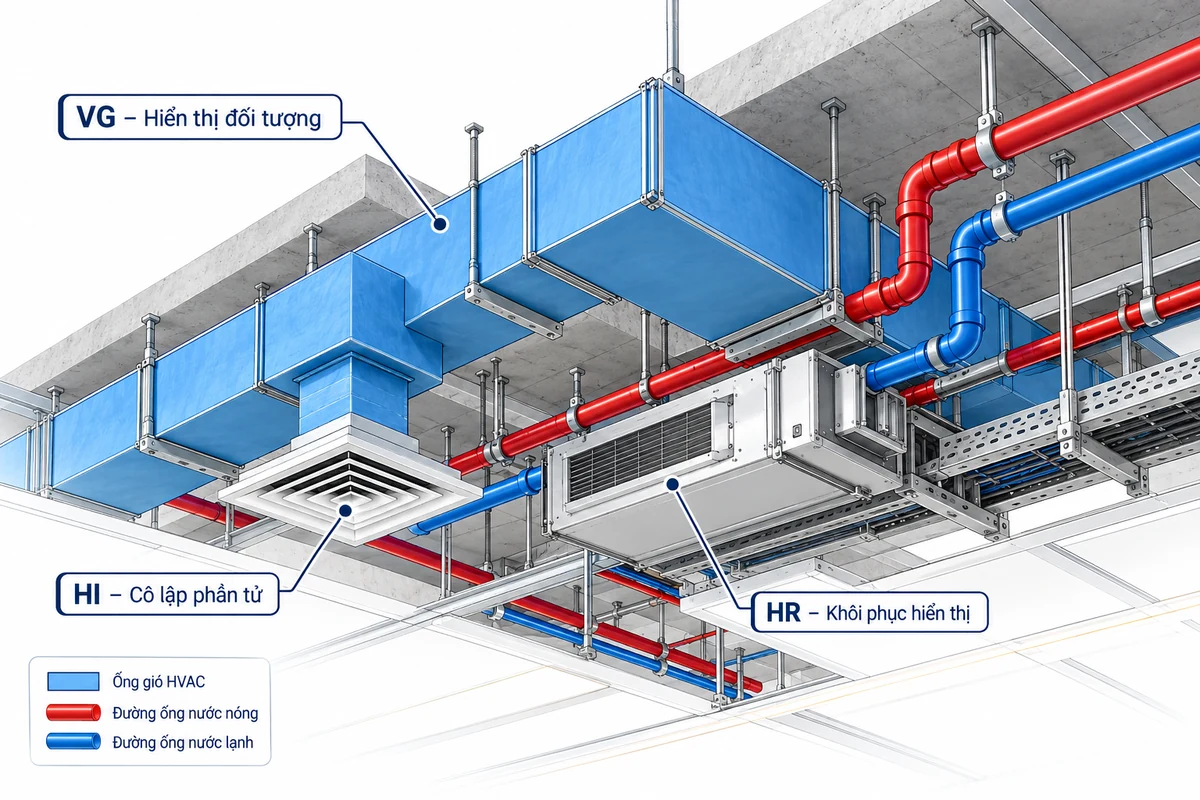 Mô hình phối hợp BIM giữa ống gió cấp, hệ ống nước nóng lạnh và thiết bị trên trần thể hiện khả năng kiểm tra giao cắt
