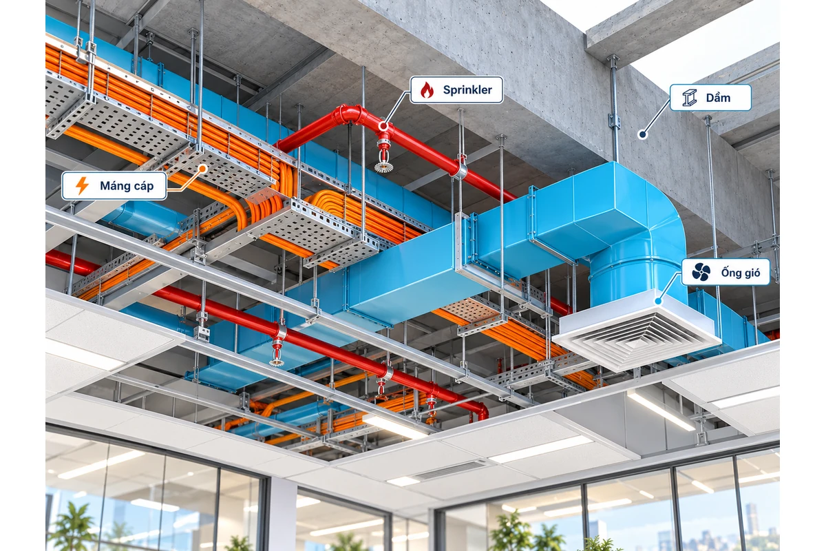 Mặt cắt kỹ thuật trên trần có ống gió xanh, máng cáp điện cam, đường sprinkler đỏ và dầm bê tông