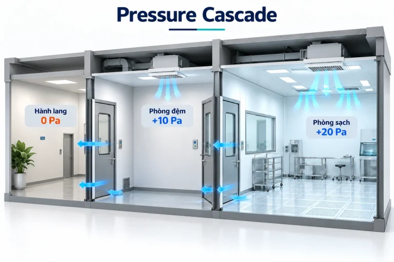 Phối cảnh 3D hành lang 0 Pa, phòng đệm +10 Pa và phòng sạch +20 Pa theo chuỗi chênh áp dương