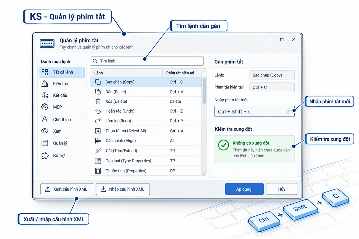 Hình minh họa cửa sổ cấu hình phím tắt Revit MEP với tìm kiếm lệnh, nhập phím mới, kiểm tra xung đột và xuất nhập XML