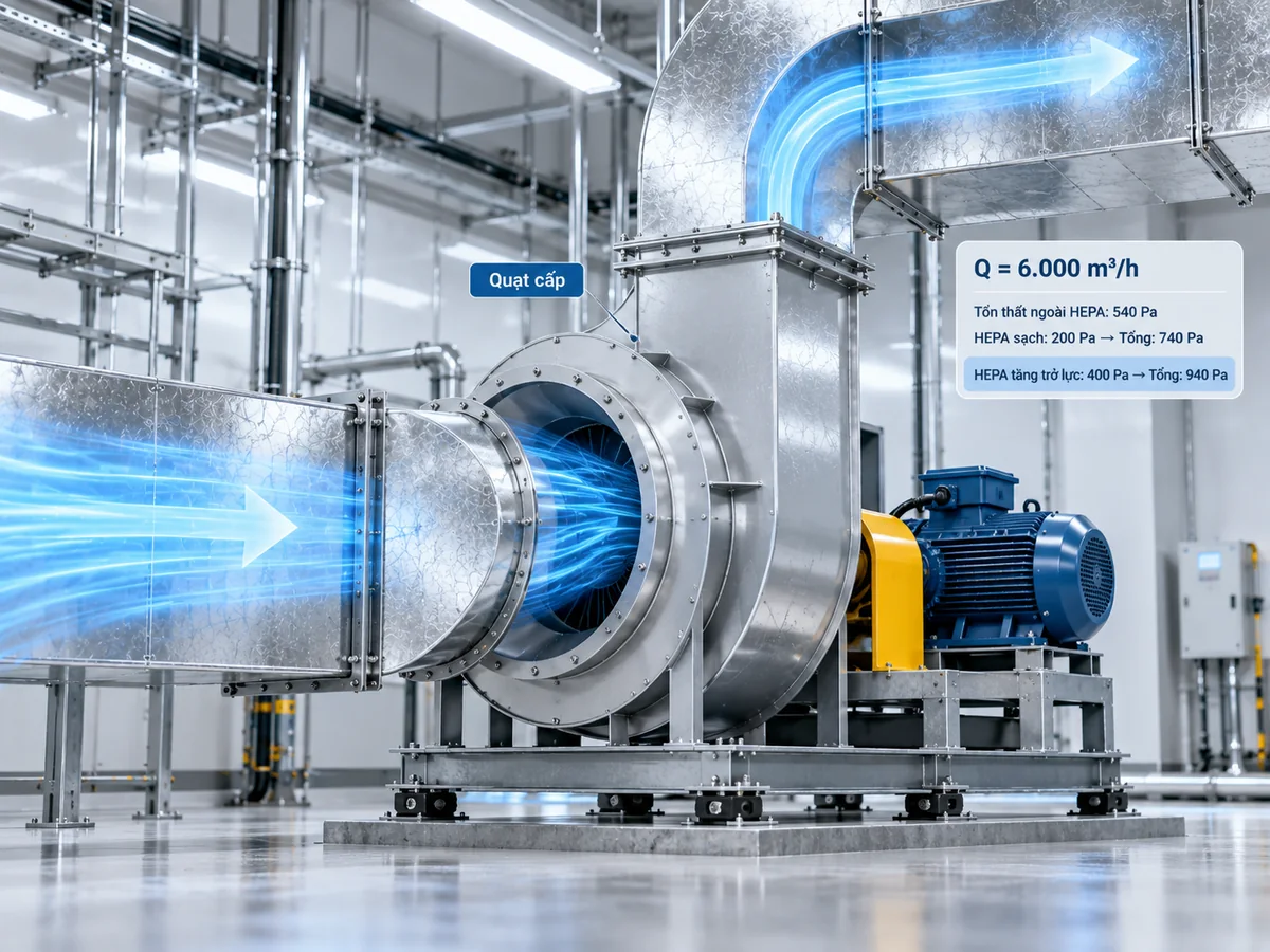 Cảnh CGI quạt ly tâm công nghiệp nối đường ống gió kèm số liệu giả định hệ 6.000 m³/h cần áp suất 740 Pa khi HEPA sạch và 940 Pa khi trở lực tăng