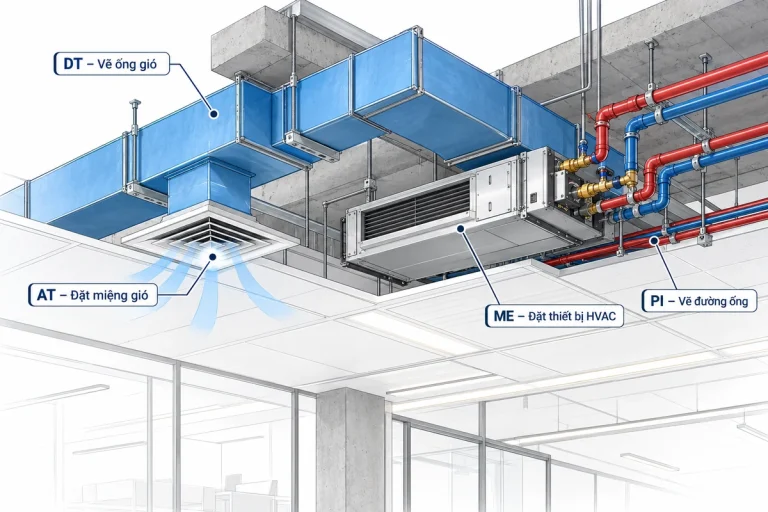 Mô hình BIM phối cảnh ống gió, miệng gió, thiết bị cơ khí và các tuyến ống cấp hồi trong thiết kế HVAC